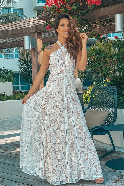 White and Beige Lace Maxi Dress