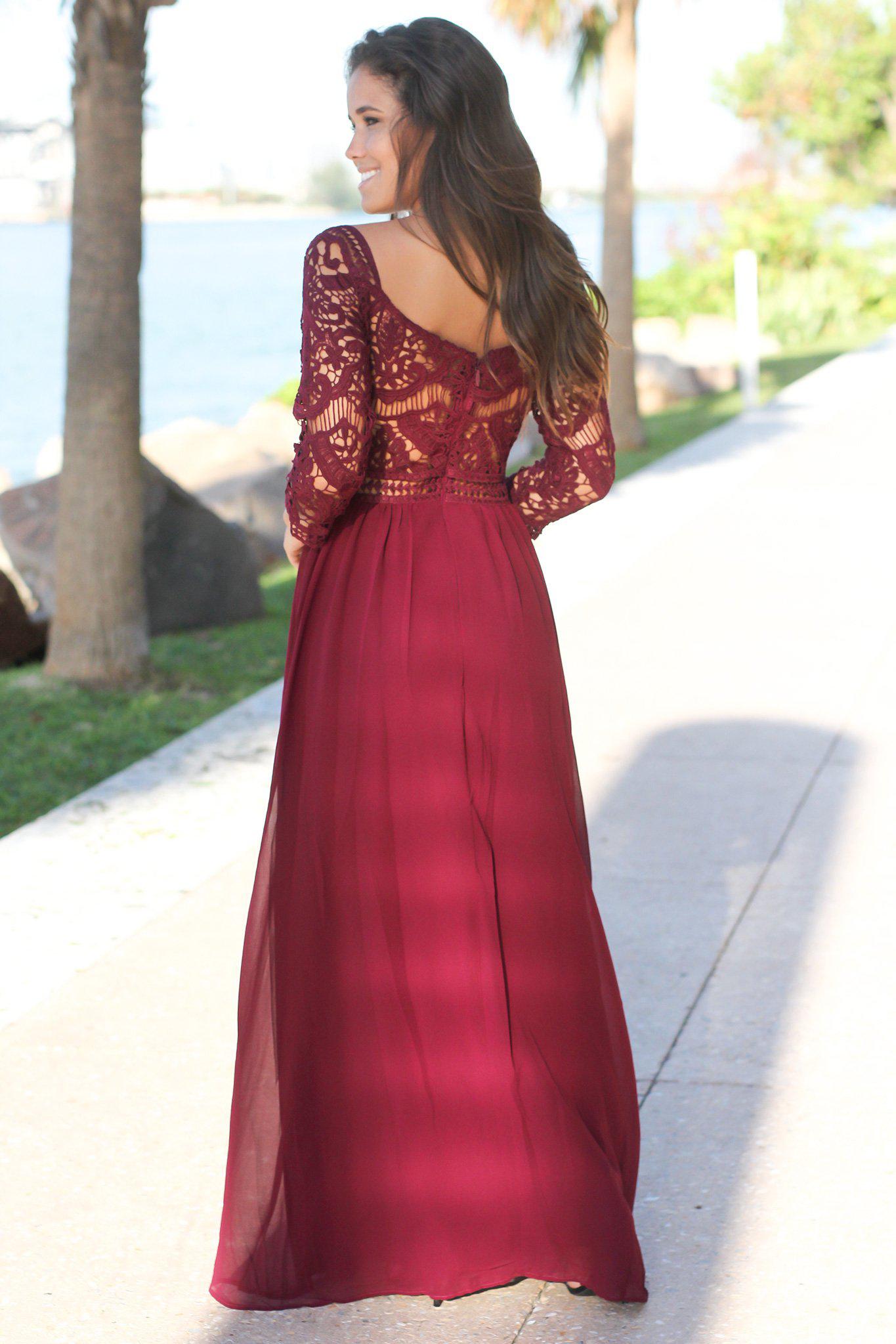 Wine Crochet Maxi Dress with 3/4 Sleeves