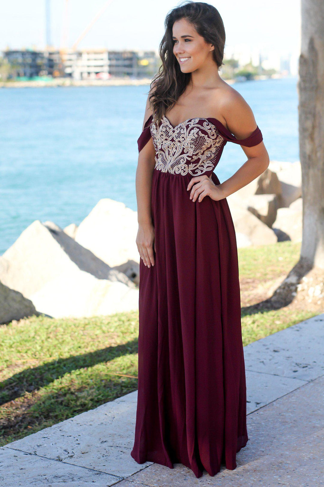 Wine Off Shoulder Maxi Dress with Embroidered Top | Maxi Dresses Saved by the Dress Wine Off Shoulder Maxi Dress with Embroidered Top | Maxi Dresses Saved by the Dress