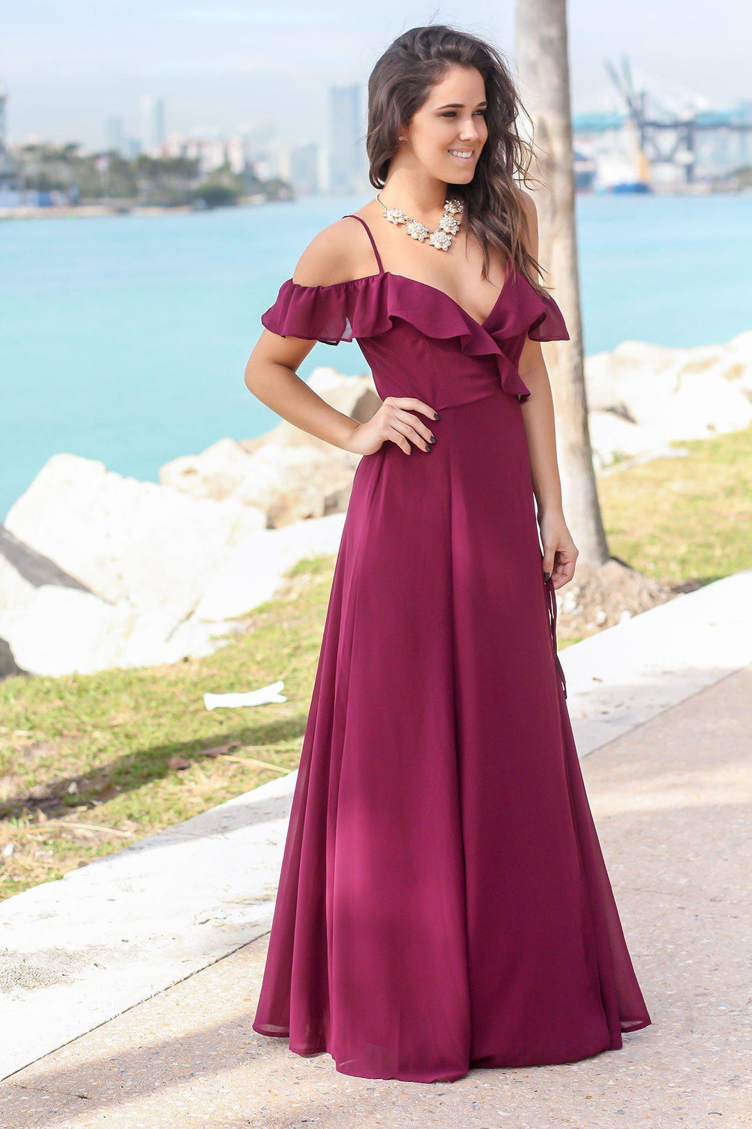 becky ruffle maxi dress in wine Wine Wrap Dress with Ruffle Top