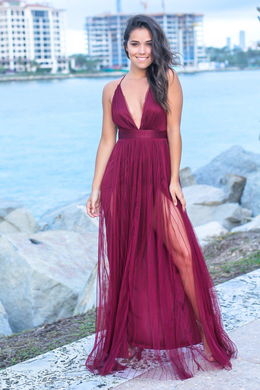 Wine Pinstripe Tulle Maxi Dress with Criss Cross Back | Maxi