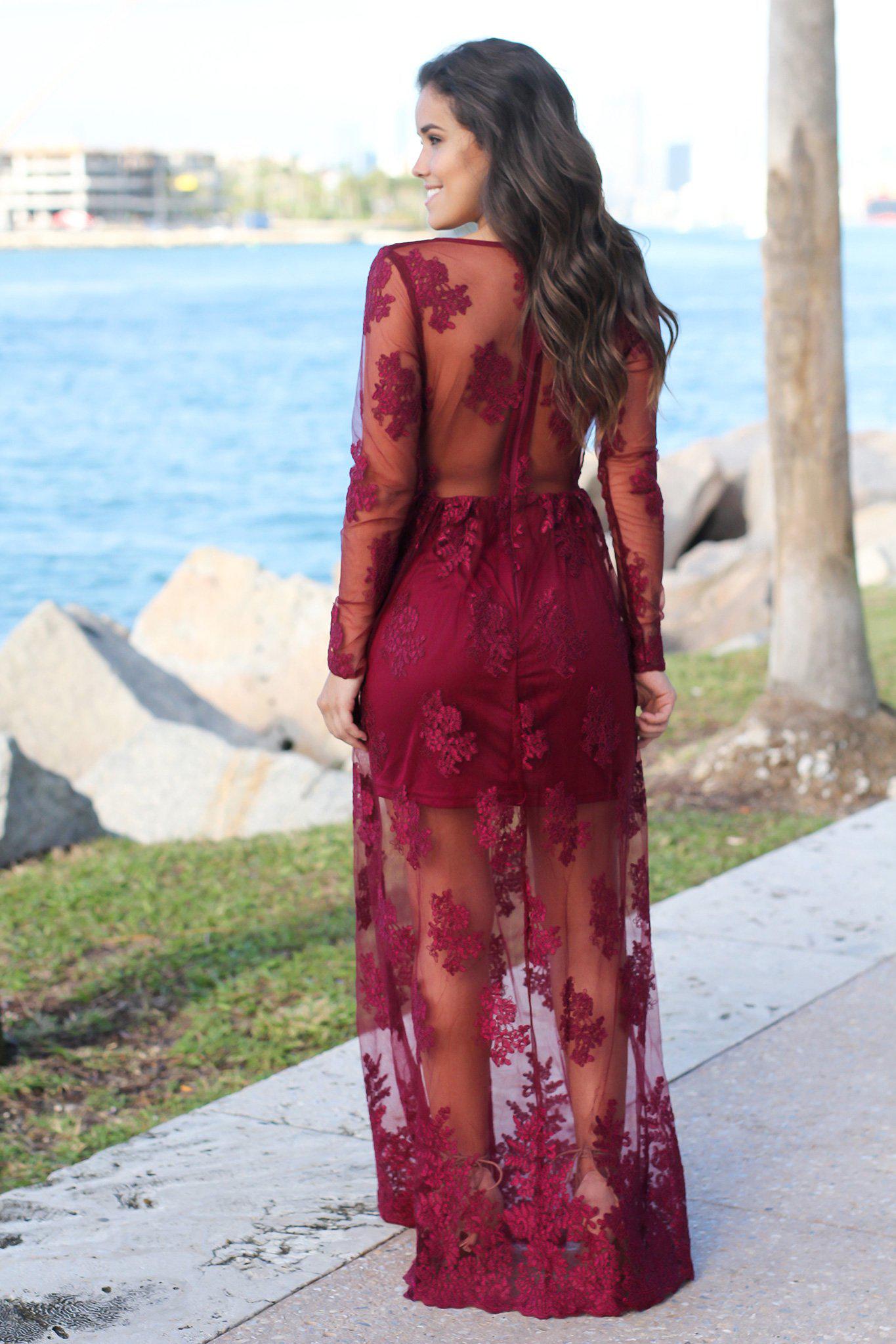 Wine Embroidered Maxi Dress with Long Sleeves