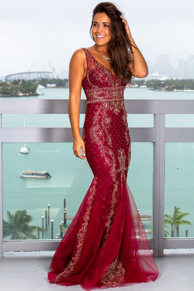 Wine Embroidered Maxi Dress with Tulle Detail