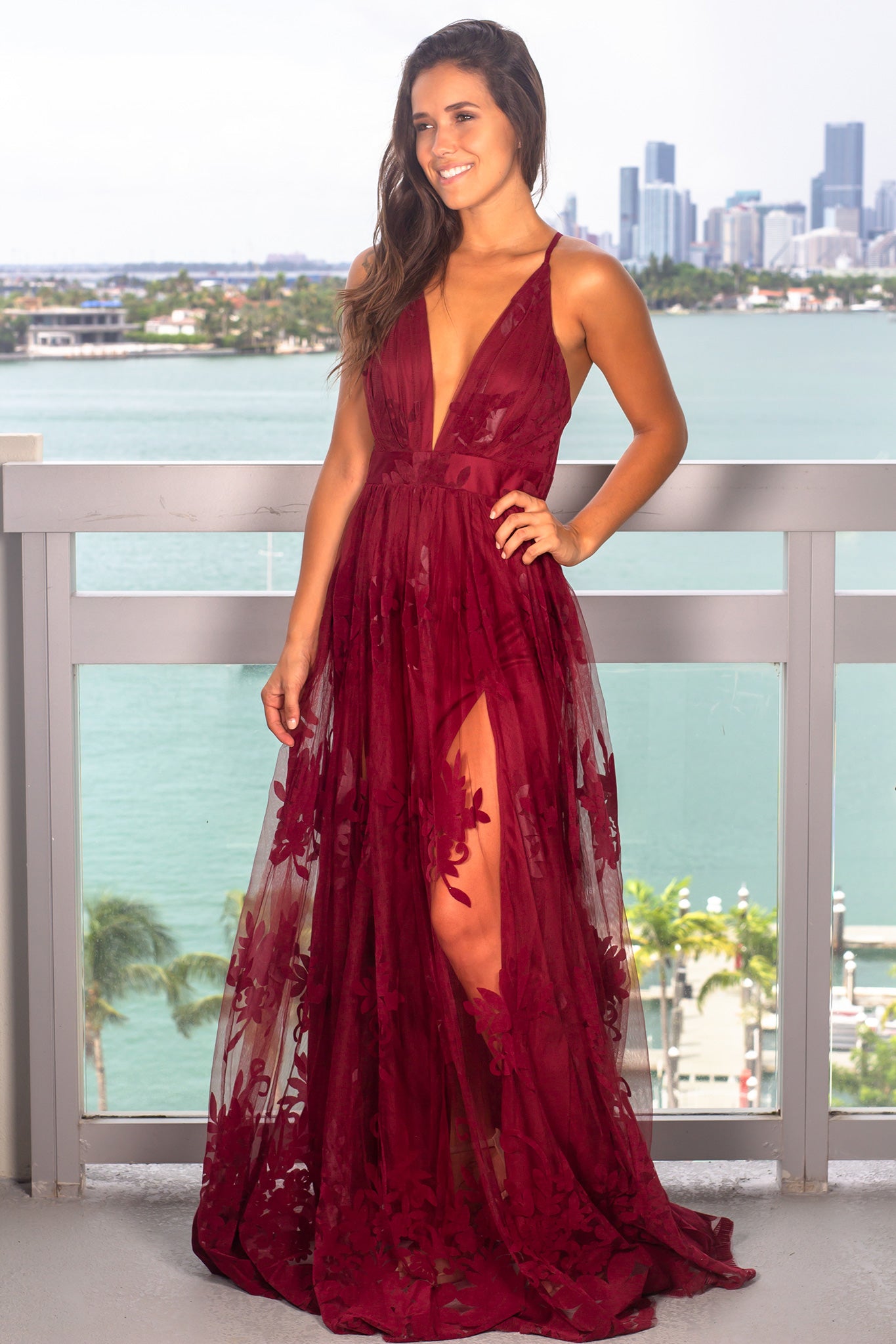 Wine Floral Tulle Maxi Dress with Criss Cross Back