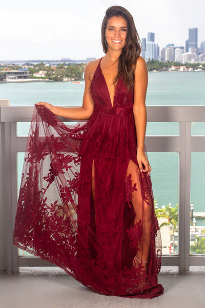 Wine Floral Tulle Maxi Dress with Criss Cross Back