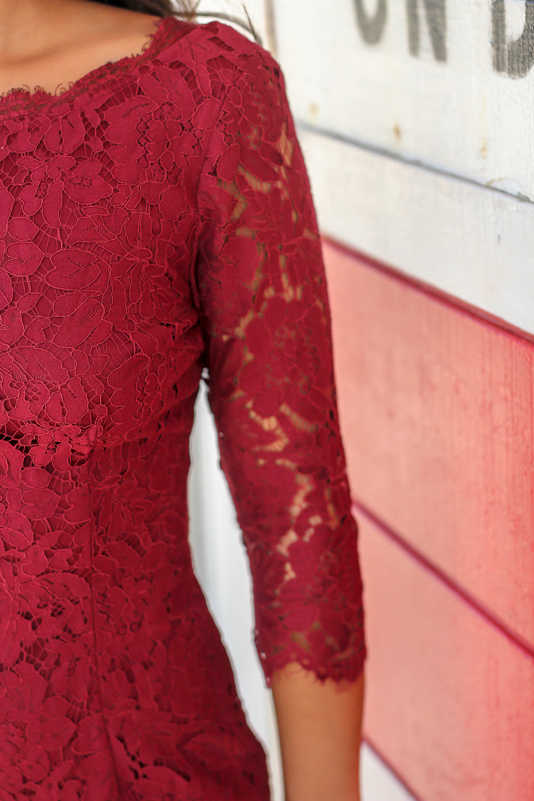 Wine Lace Short Dress with 3/4 Sleeves
