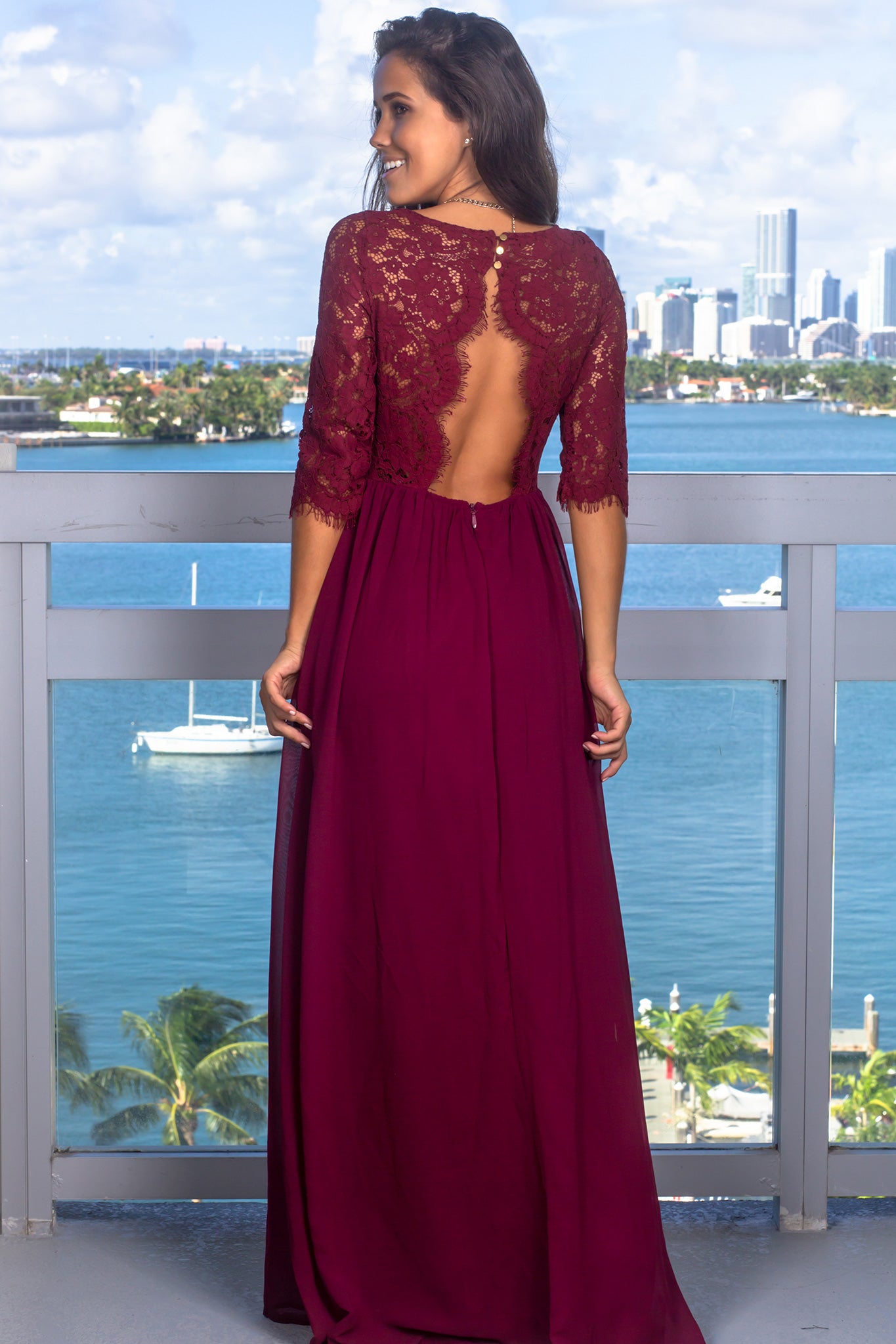 Wine Lace Top Maxi Dress with Jeweled Detail
