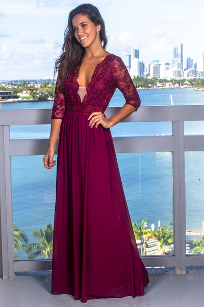 Wine Maxi Dress with Embroidered Top and Open Back