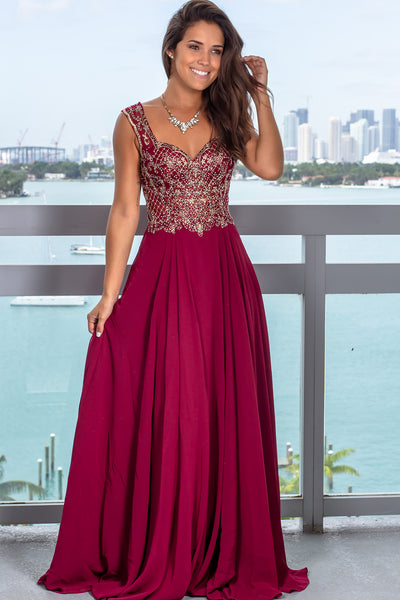Wine Maxi Dress with Jewel Embroidered Top