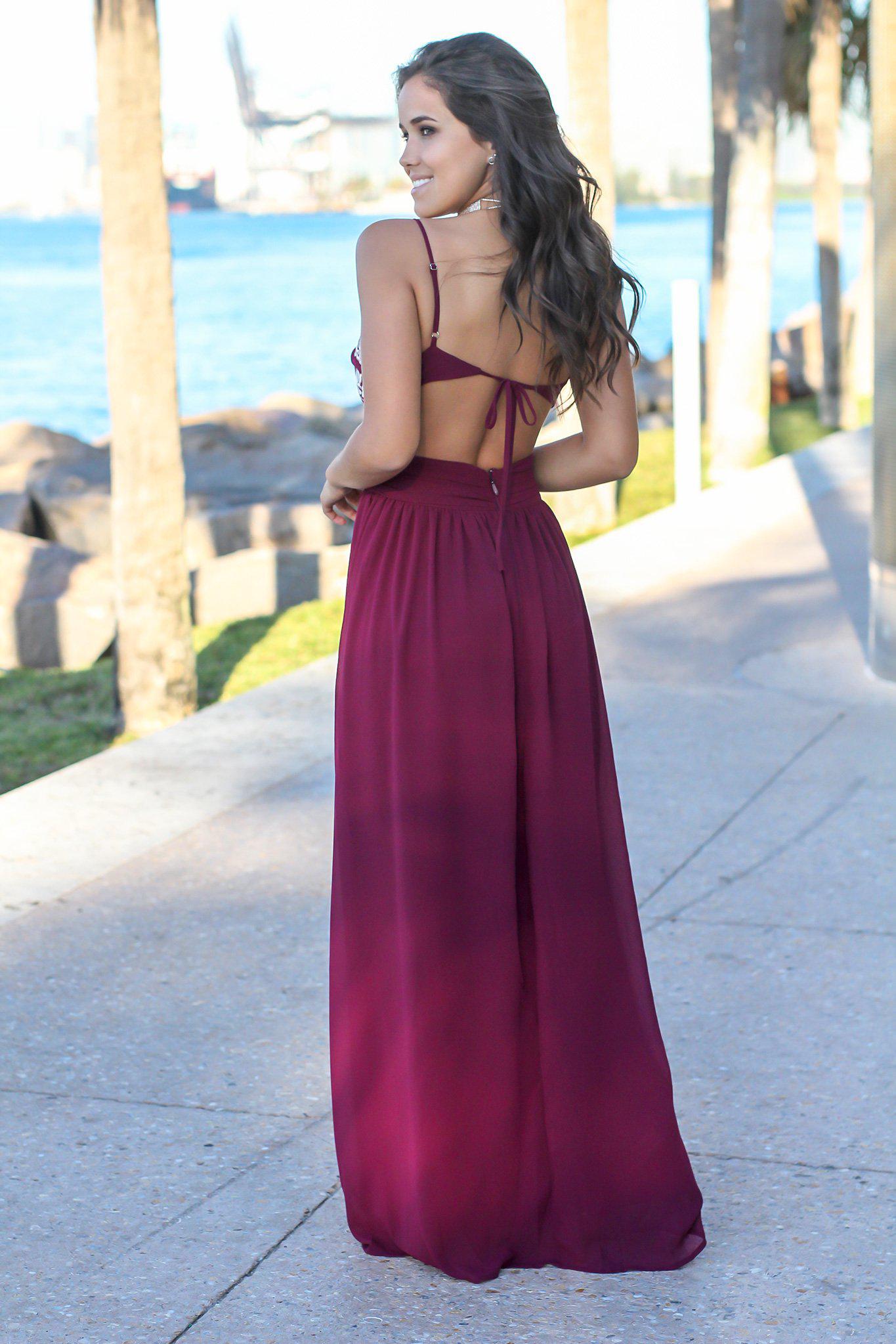 Wine Maxi Dress with Open Back and Embroidered Top