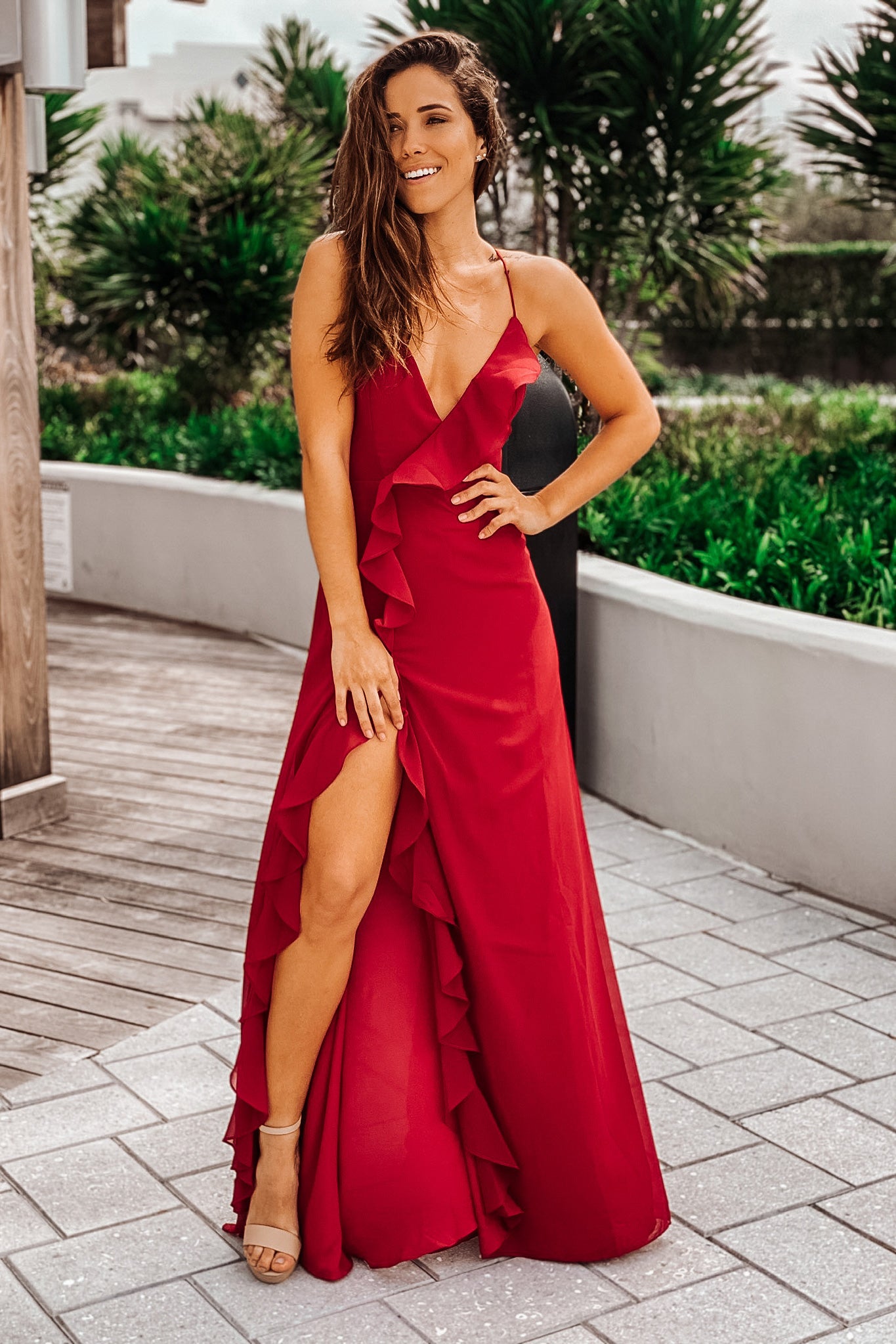 Wine Maxi Dress with Ruffle Detail