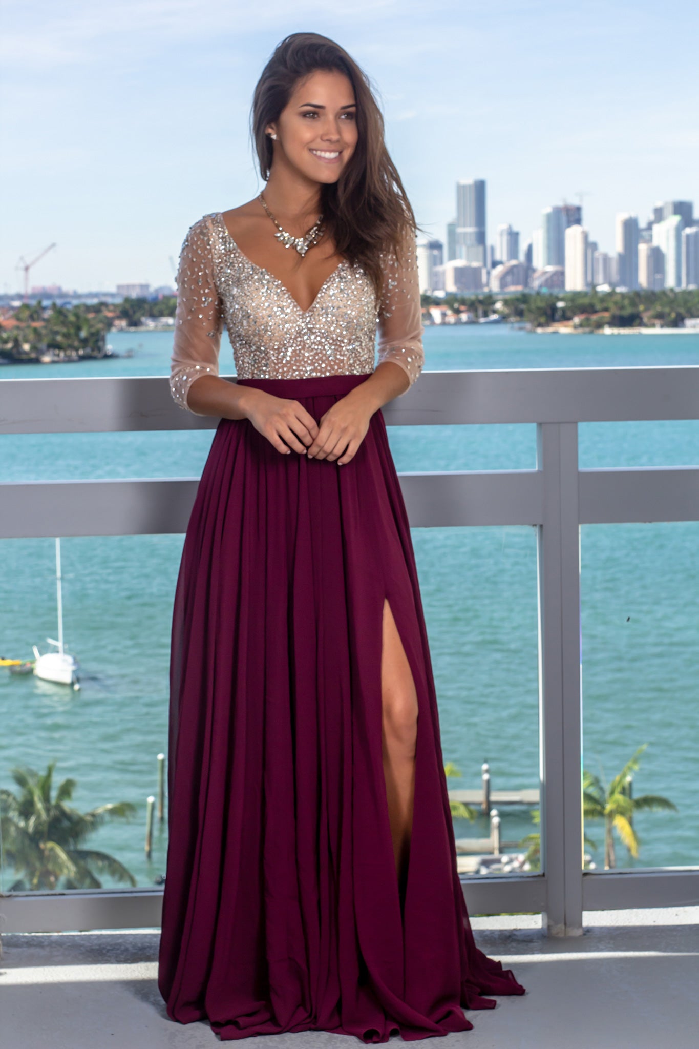 Wine Maxi Dress with Silver Jewels and 3/4 Sleeves