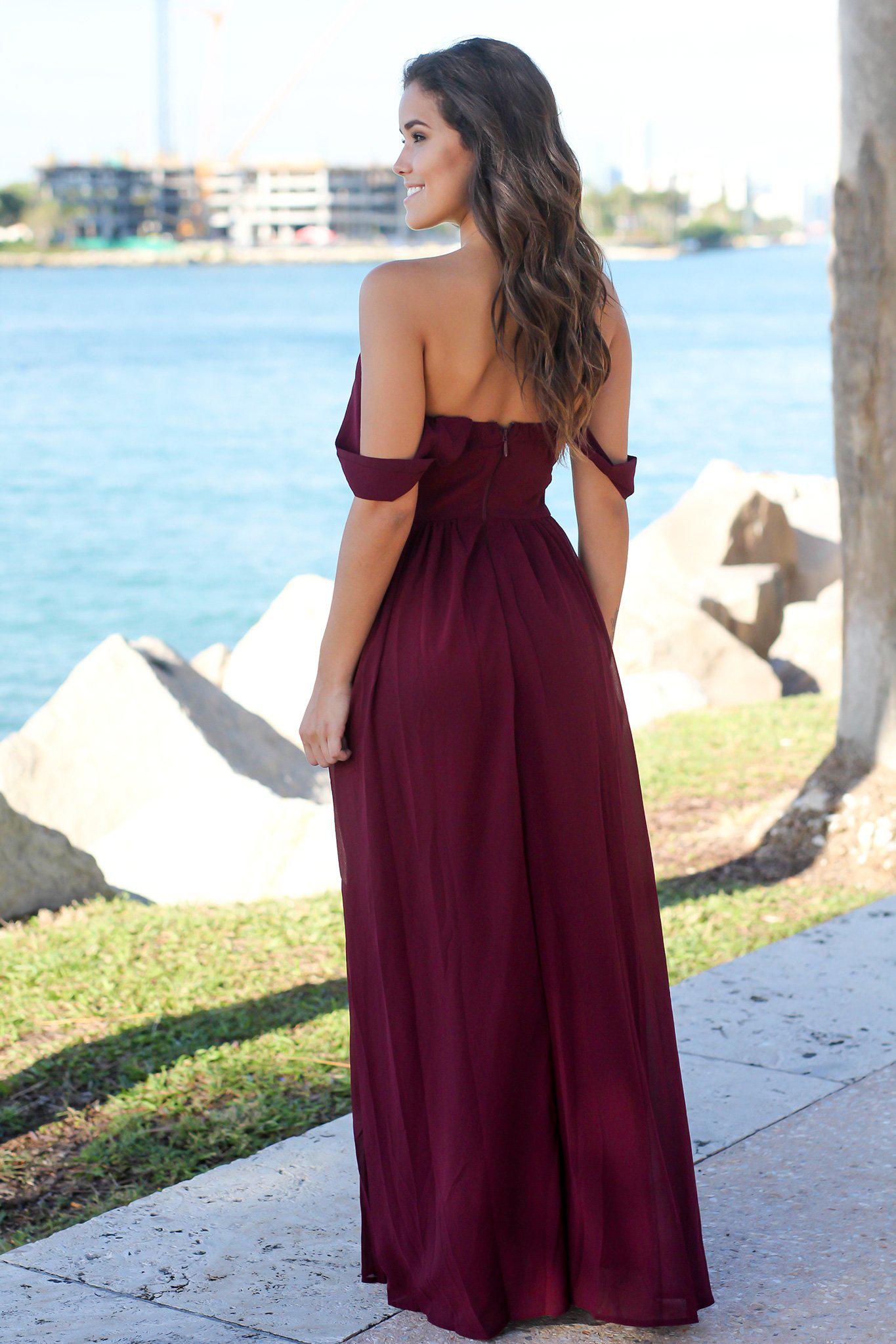 Wine Off Shoulder Maxi Dress with Embroidered Top