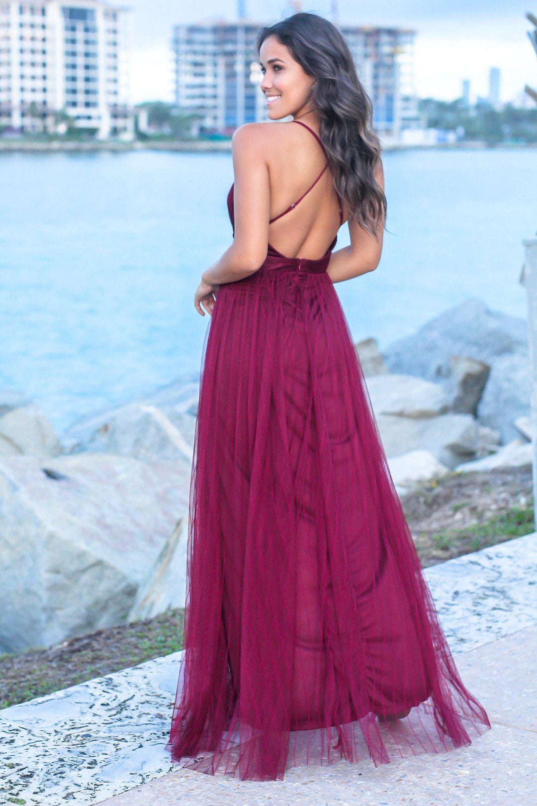 Wine Pinstripe Tulle Maxi Dress with Criss Cross Back | Maxi