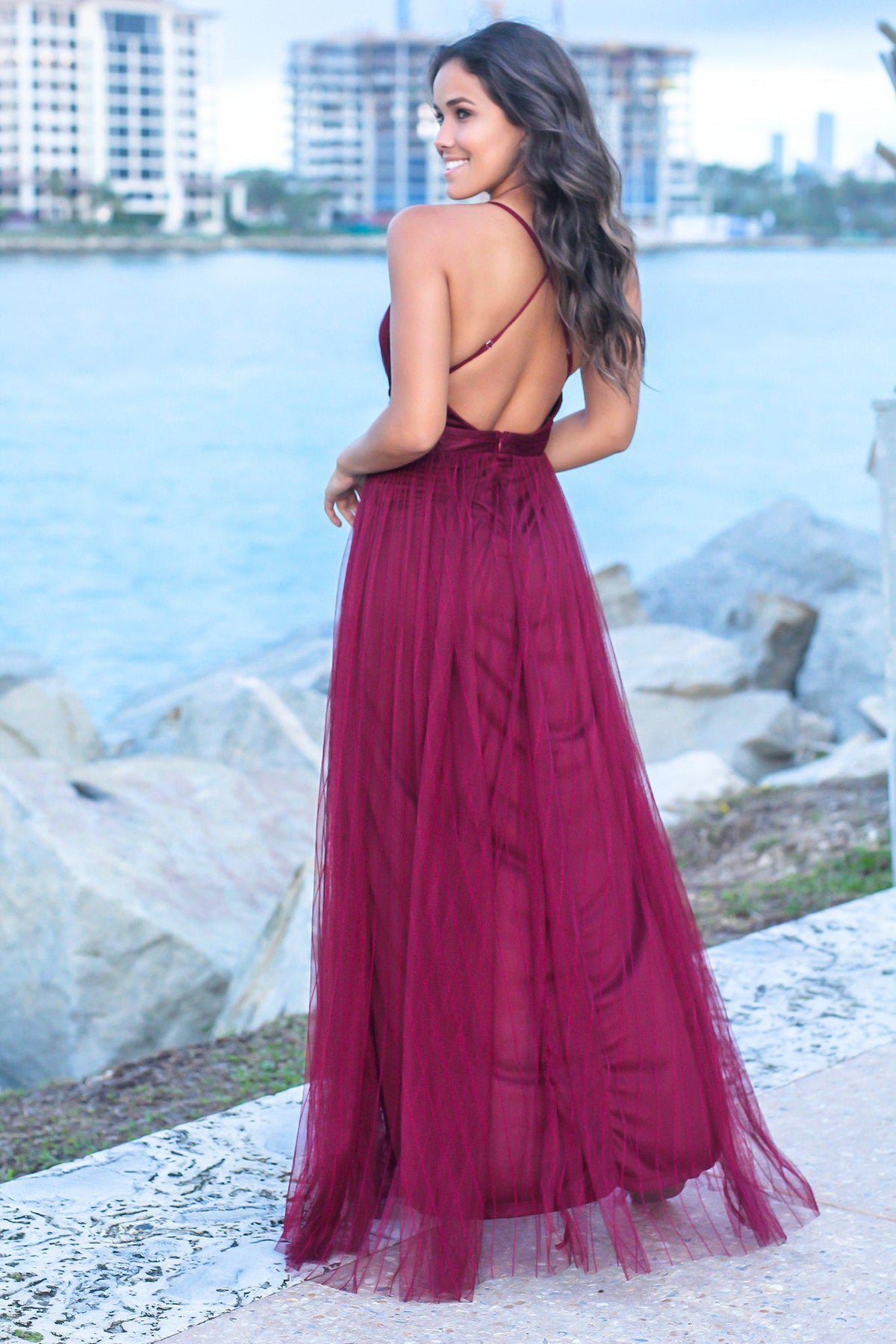 Wine Pinstripe Tulle Maxi Dress with Criss Cross Back | Maxi Dresses ...