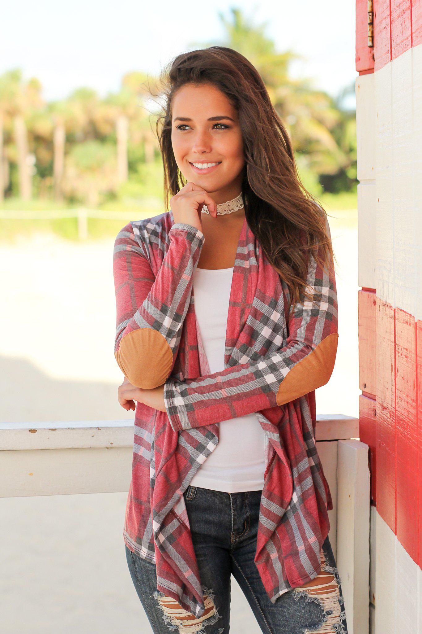 Wine Plaid Cardigan with Elbow Patches