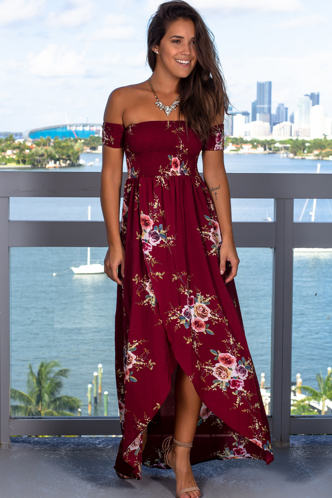 Wine Printed High Low Dress