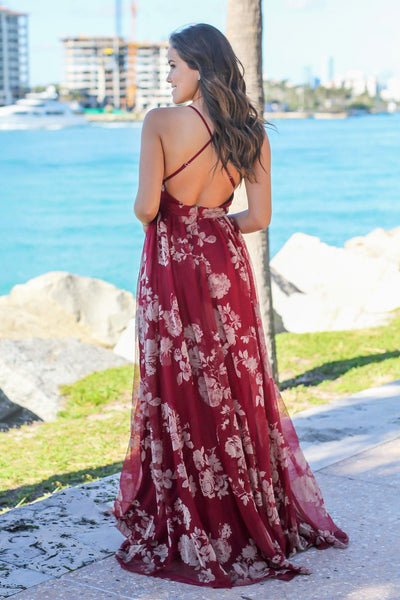 Wine Printed Tulle Maxi Dress with Criss Cross Back