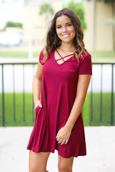 Wine Short Dress with Pockets
