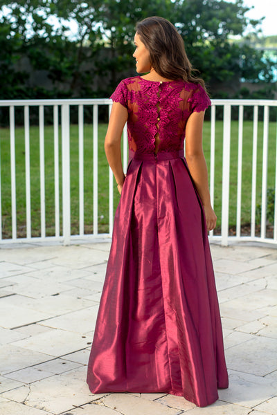 Wine Short Sleeve Maxi Dress with Embroidered Top