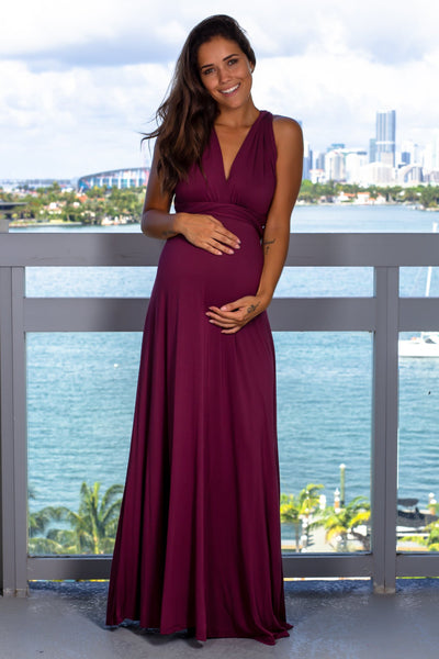 Wine Tie Maternity Maxi Dress with Open Back