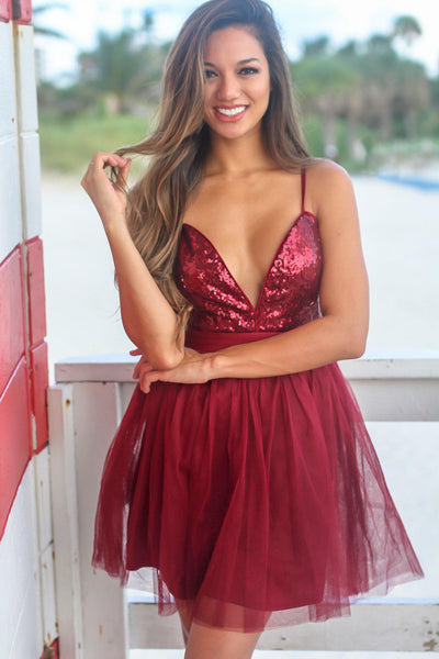 Wine Tulle Short Dress with Sequin Top