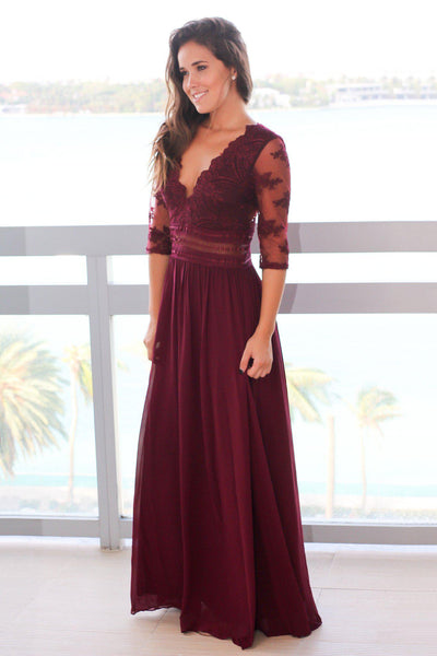 Wine V-Neck Maxi Dress with Mesh Embroidered Sleeves