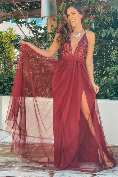 Wine V-Neck Tulle Maxi Dress with Sequin Top