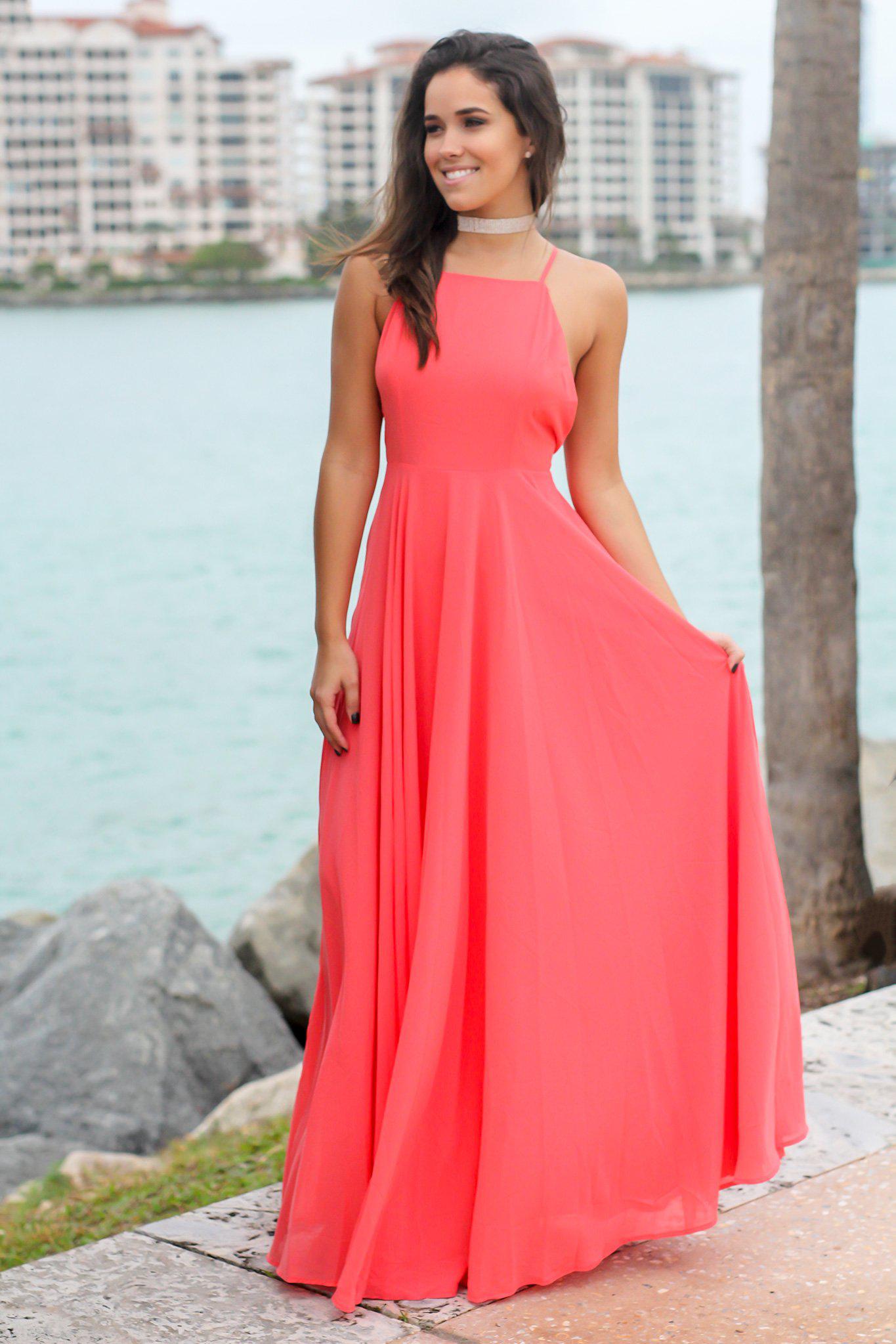 Coral Dress with Criss Cross Back | Maxi Dresses Saved by the Dress Coral Dress with Criss Cross Back | Maxi Dresses Saved by the Dress
