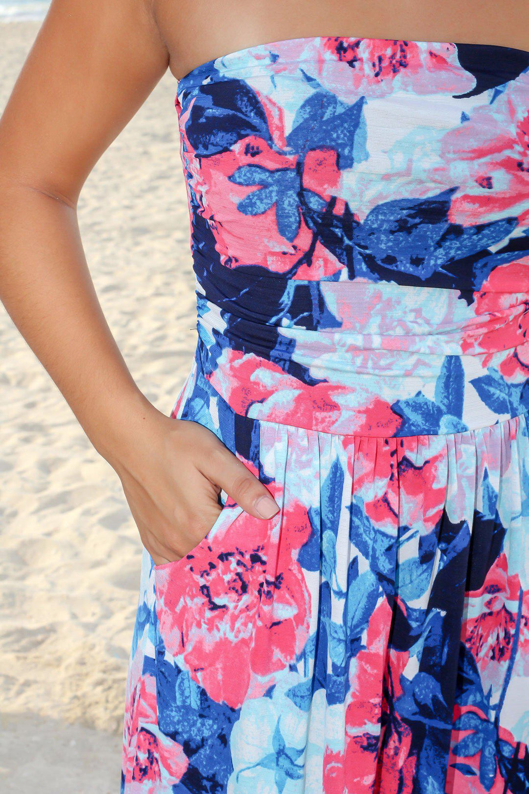 hot pink dress with blue accessories Blue and Hot Pink Floral Strapless Maxi Dress