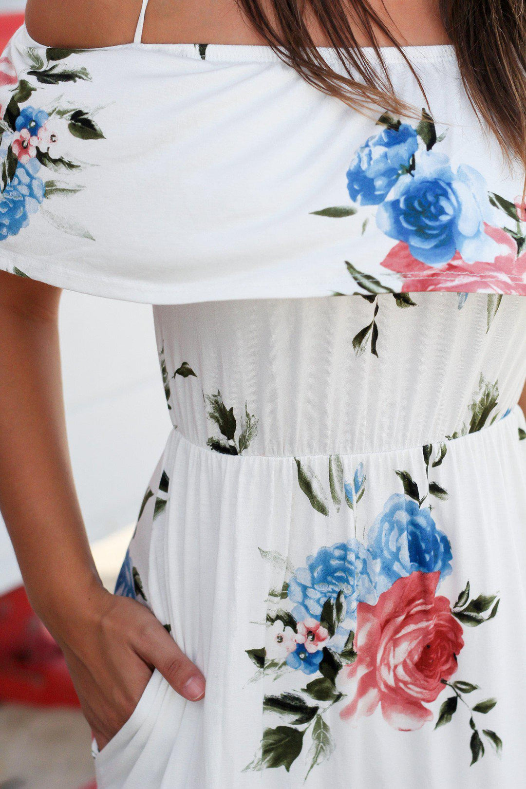 white boho off the shoulder maxi dress White Floral Off Shoulder Maxi Dress with Strap
