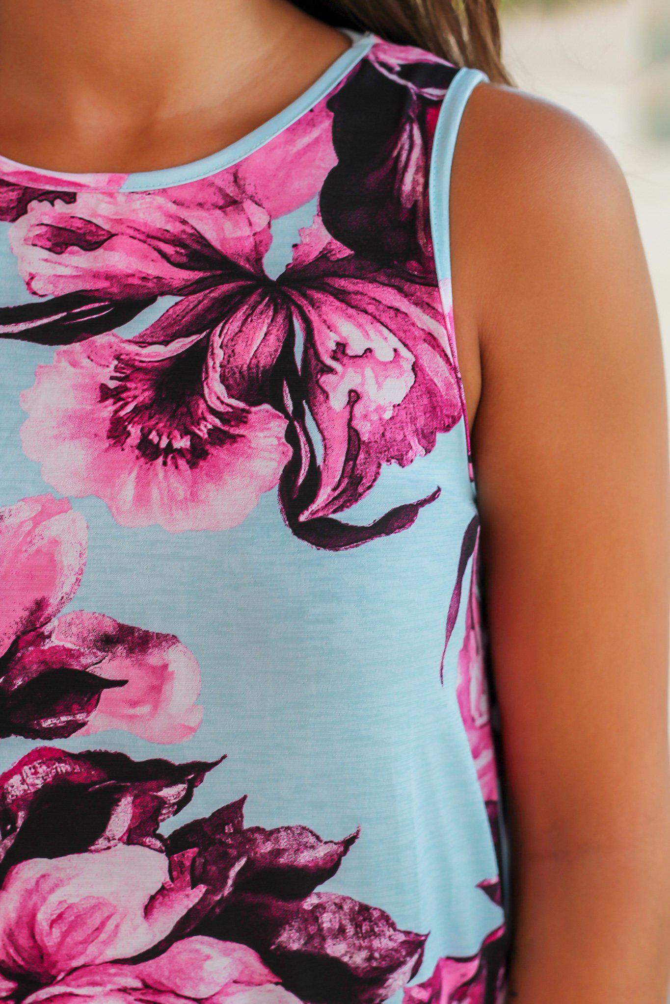 Light Blue Floral Sleeveless Top with Ruffle Hem