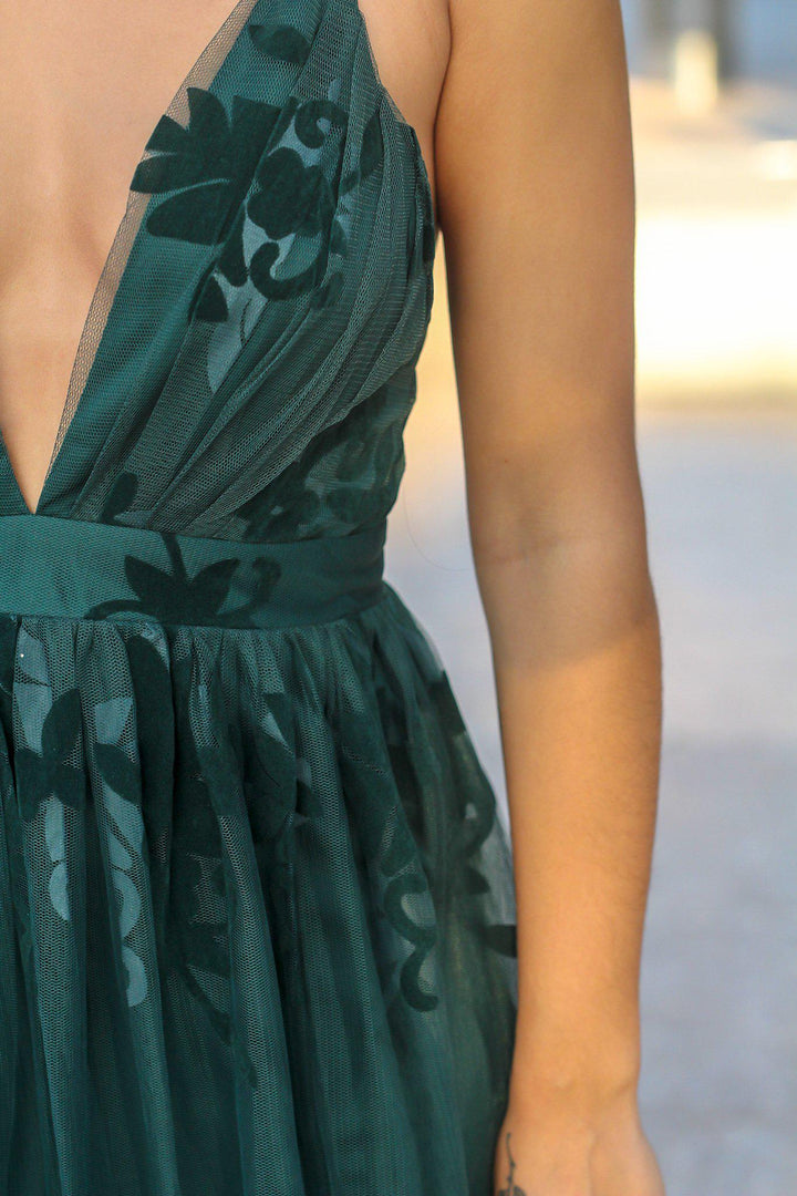 Hunter Green Floral Tulle Maxi Dress with Criss Cross Back | Maxi Dresses Saved by the Dress Hunter Green Floral Tulle Maxi Dress with Criss Cross Back | Maxi Dresses Saved by the Dress