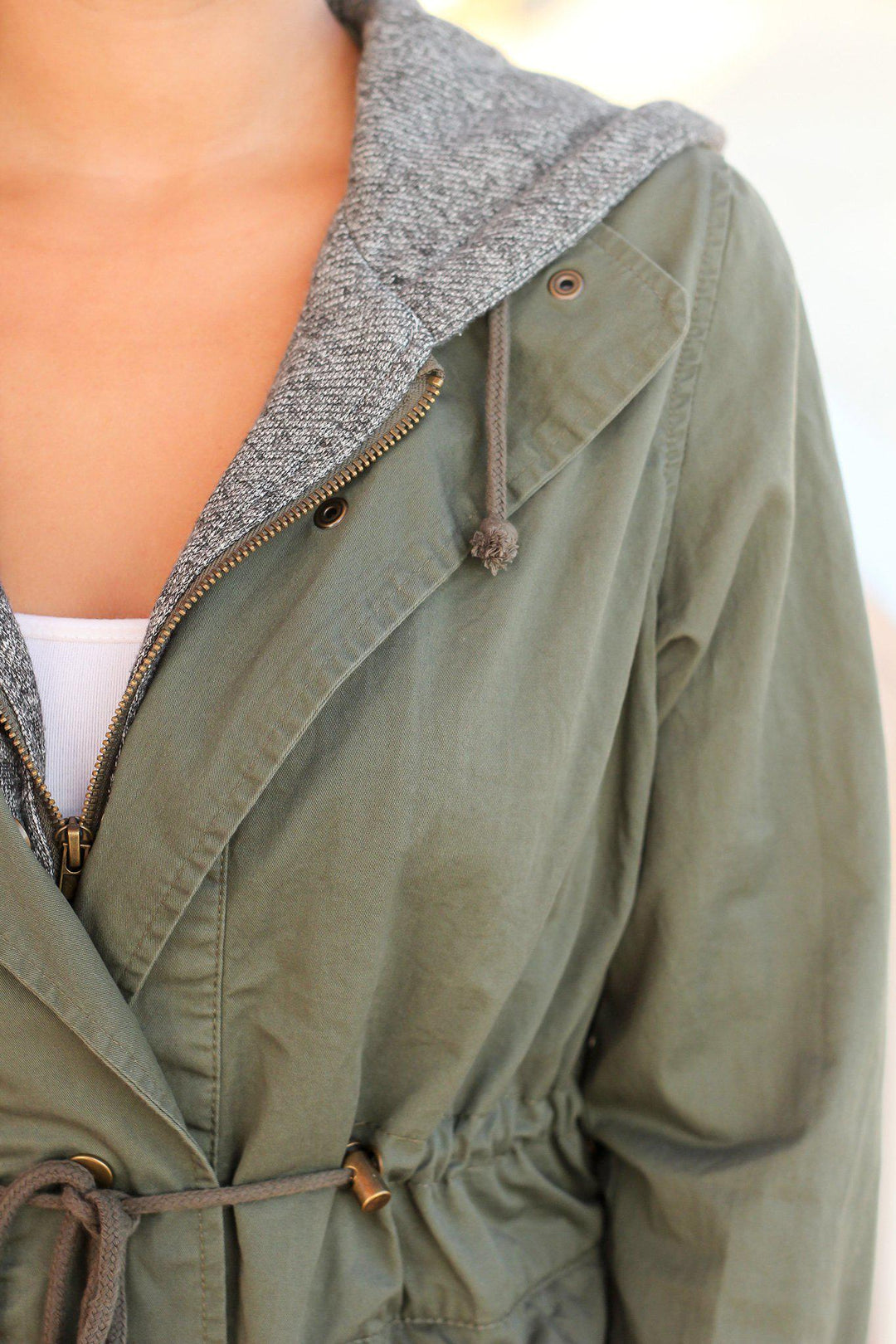 Olive Utility Jacket with Gray Hood | Jackets – Saved by the Dress
