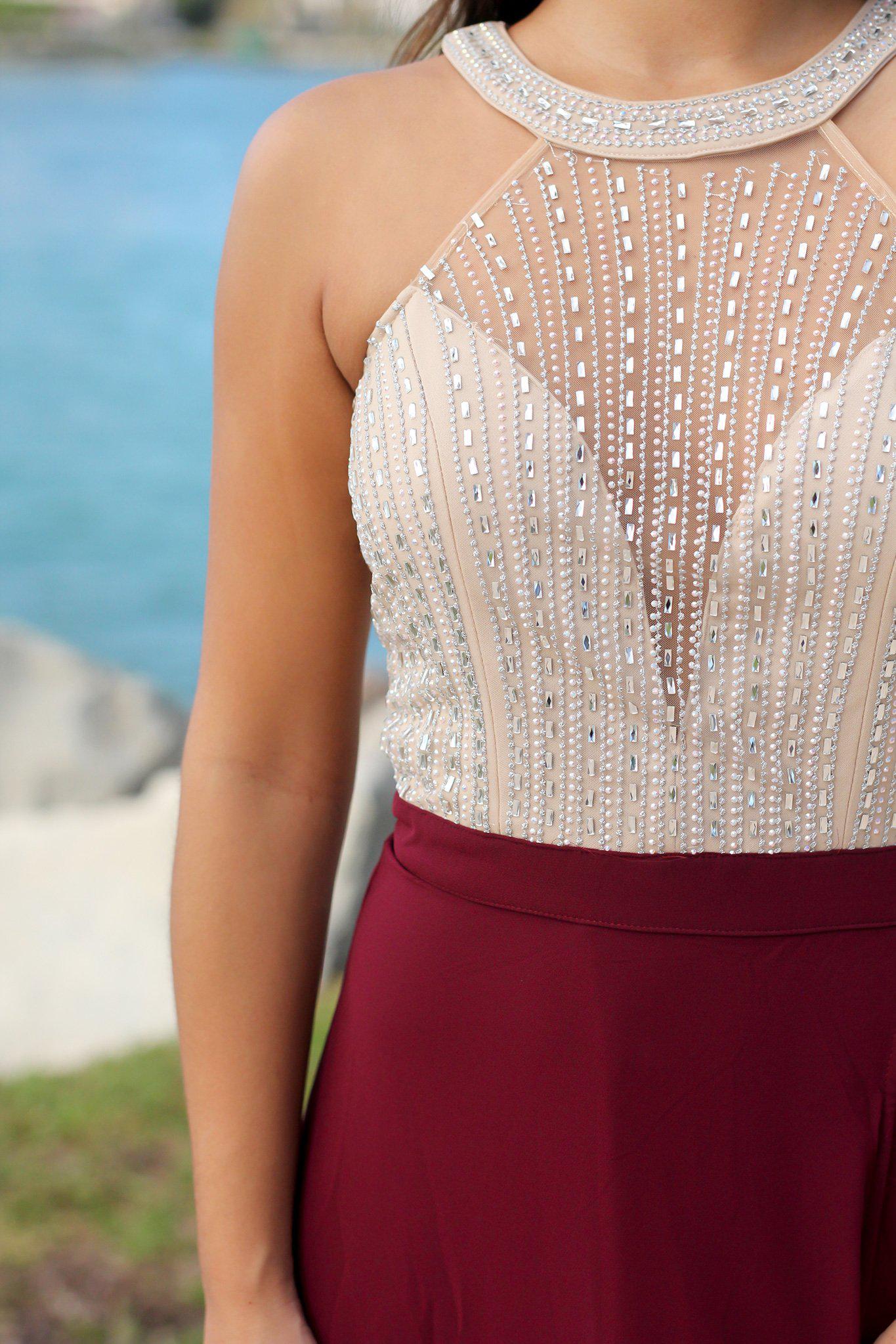 Burgundy and Cream Maxi Dress with Tulle Back | Maxi Dresses Saved by the Dress Burgundy and Cream Maxi Dress with Tulle Back | Maxi Dresses Saved by the Dress