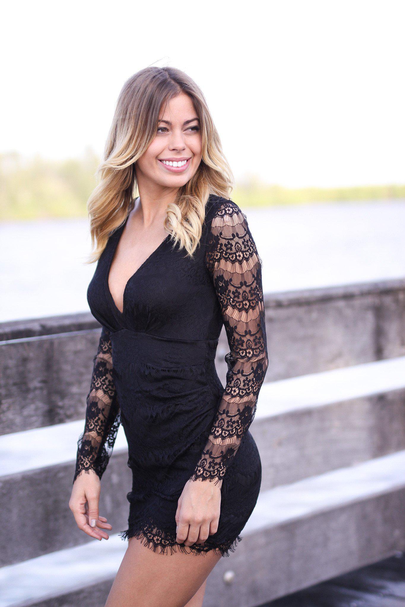 Black Lace Long Sleeve Dress with Open Back | Short Dresses Saved by the Dress Black Lace Long Sleeve Dress with Open Back | Short Dresses Saved by the Dress