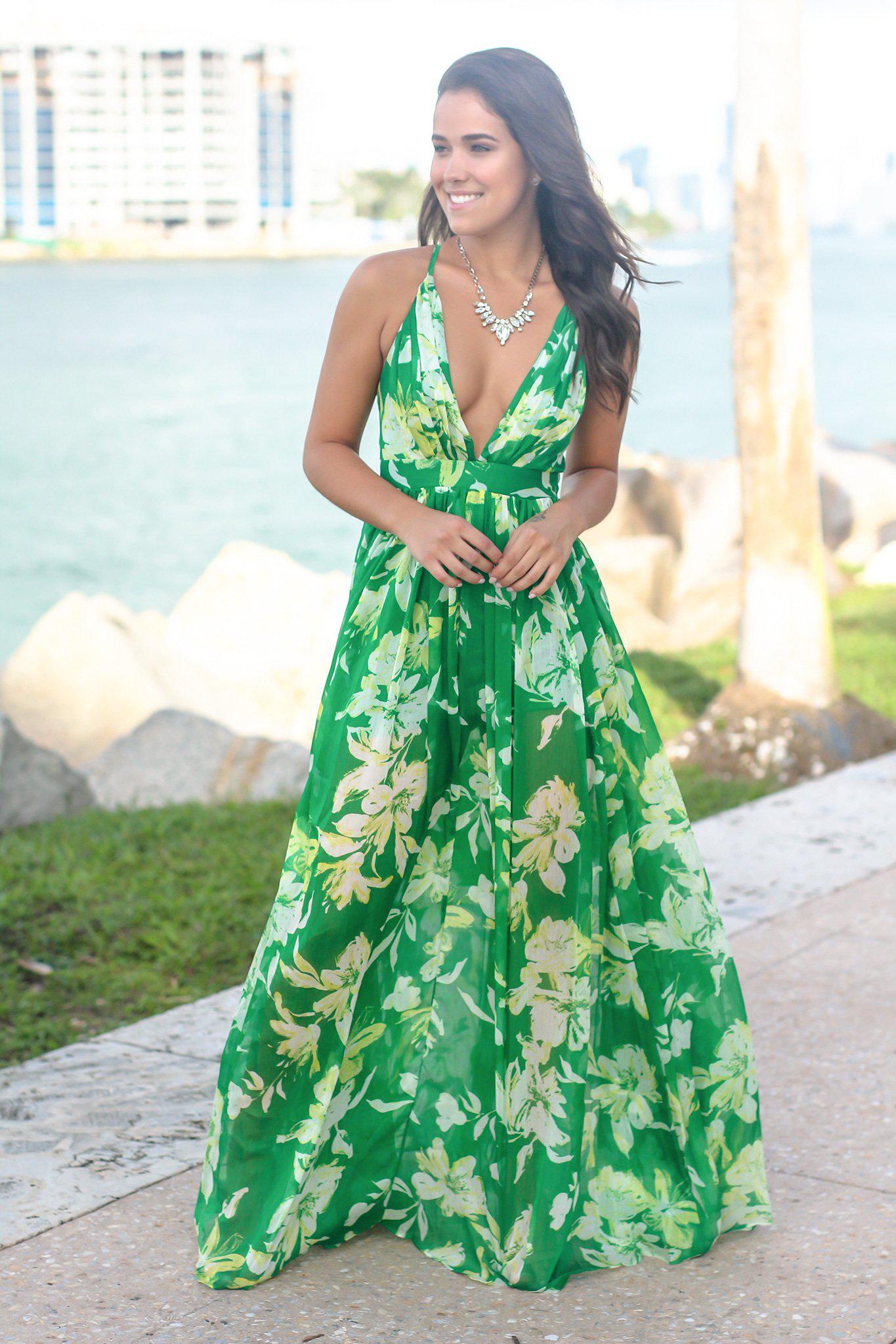 Green and Yellow Floral Maxi Dress with Criss Cross Back | Maxi Dresses Saved by the Dress Green and Yellow Floral Maxi Dress with Criss Cross Back | Maxi Dresses Saved by the Dress