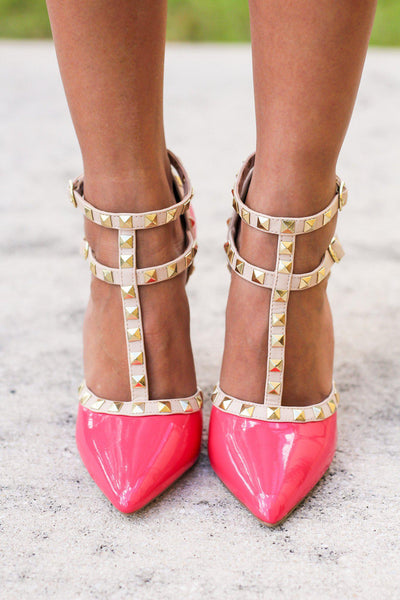 Hot Coral Studded Strappy Heels