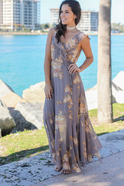 Taupe Floral Maxi Dress | Maxi Dresses – Saved by the Dress