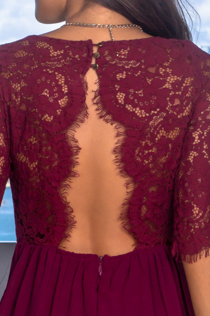 Wine Lace Top Maxi Dress with Jeweled Detail