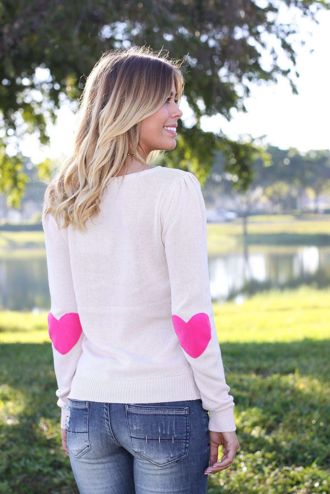 Cream Sweater With Heart Elbow Patches