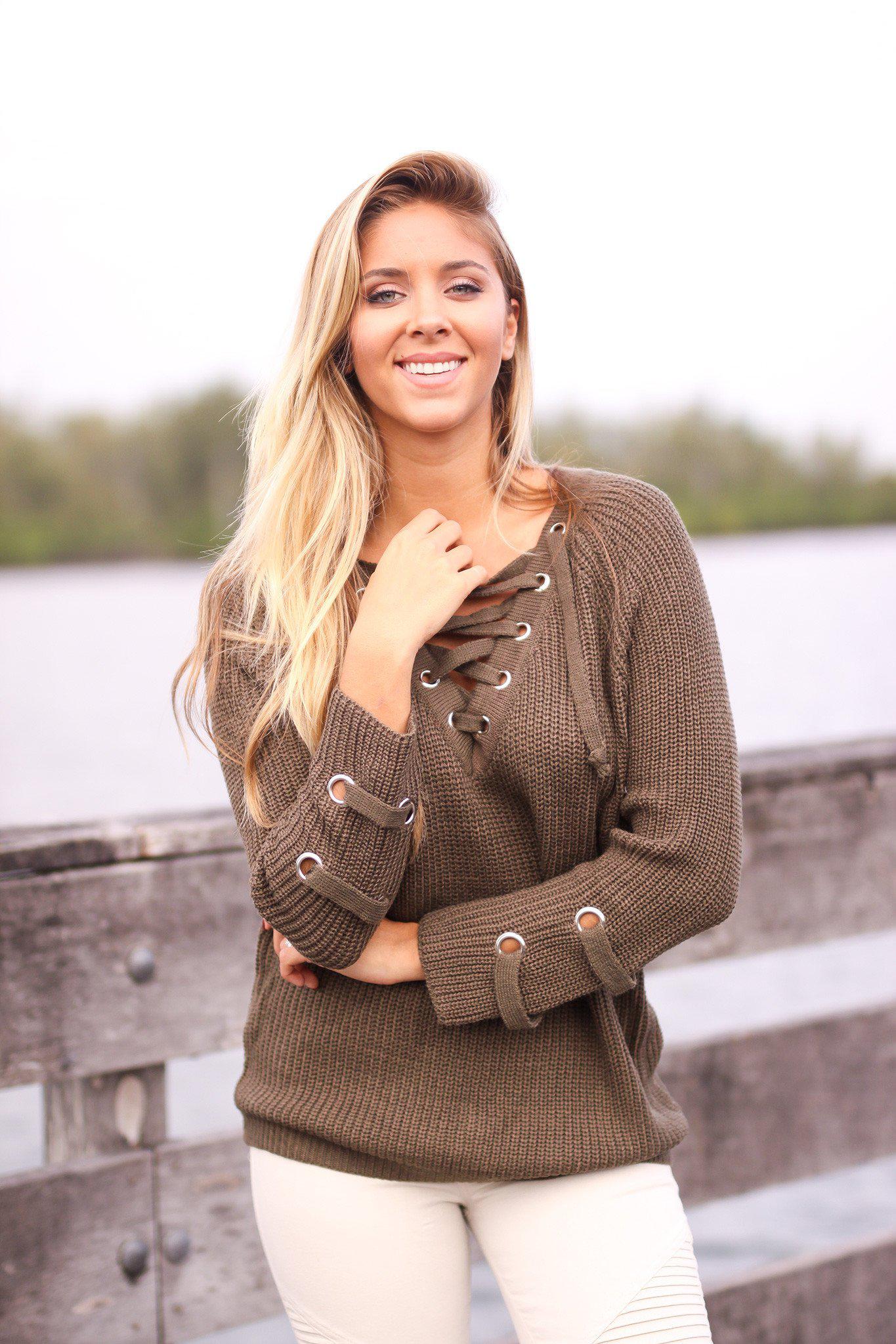 Dark Olive Lace Up Sweater