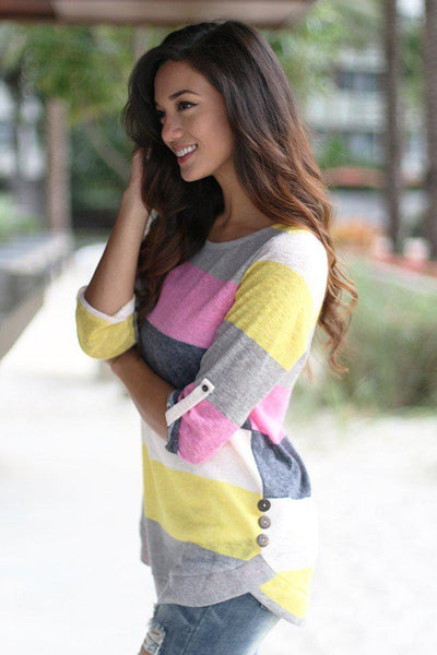 Pink and Yellow Color Block Top With Buttons