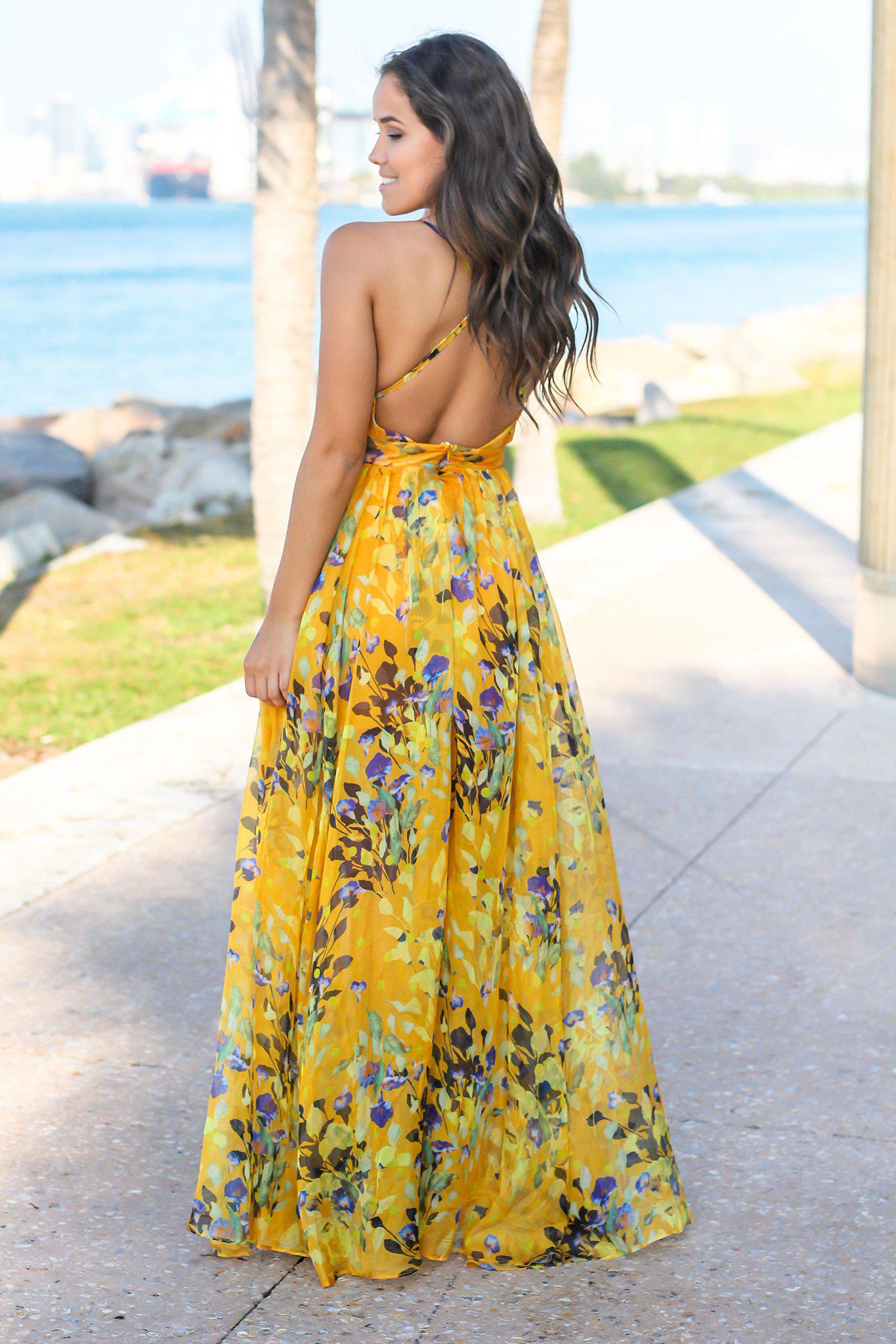 Yellow Floral Maxi Dress with Criss Cross Back