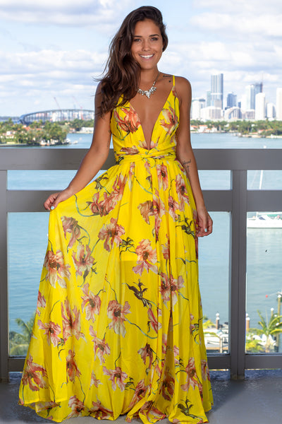 Yellow Floral Maxi Dress with Twist Front