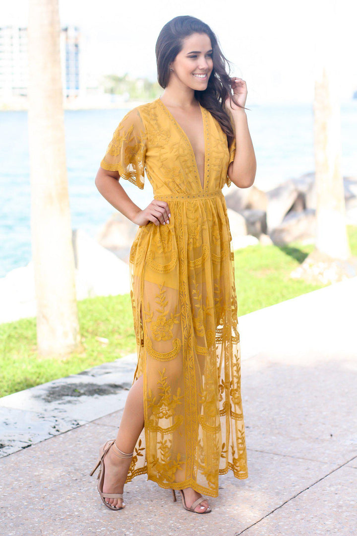 knee length dresses for ladies Tiana Yellow Lace Maxi Dress - US 0