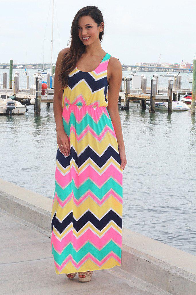 chevron pattern maxi dress Yellow Multi Color Chevron Maxi Dress – Saved by the Dress