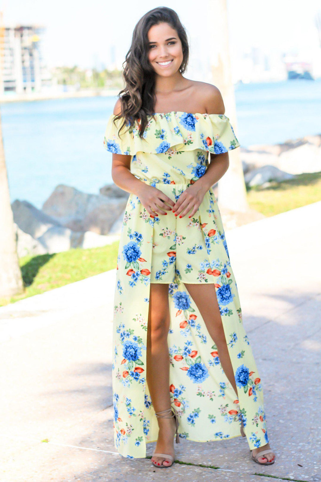 floral maxi romper dress Yellow Off Shoulder Floral Maxi Romper