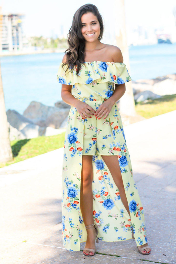 floral yellow off the shoulder dress Yellow Off Shoulder Floral Maxi Romper