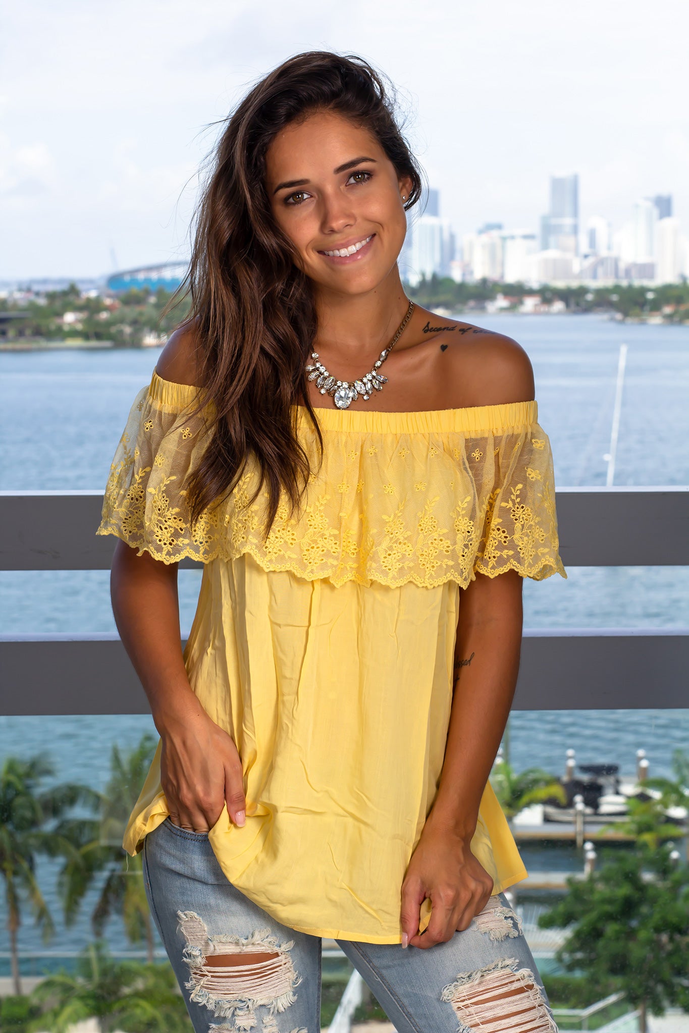 Yellow Off Shoulder Lace Top